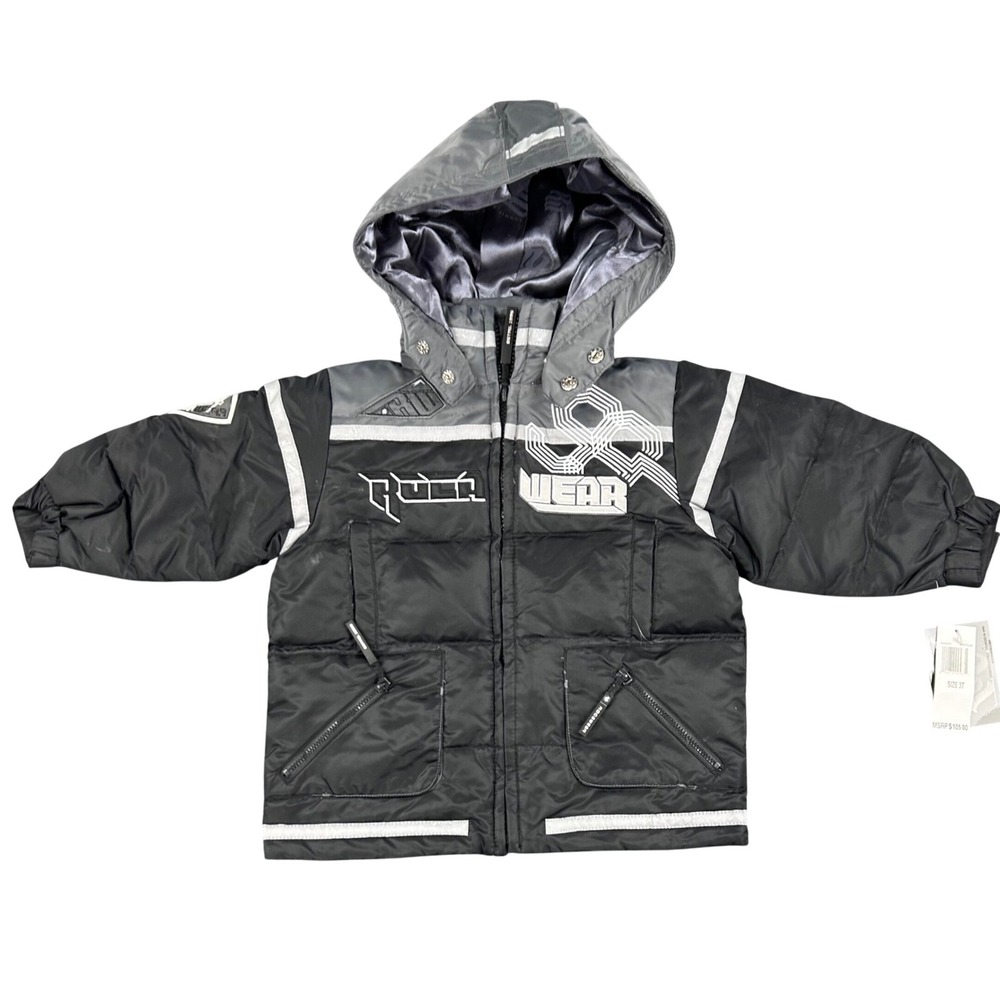 VTG Rocawear Toddler‎ Boys 3T Down Puffer Jacket Black Gray Removable Hood NWT